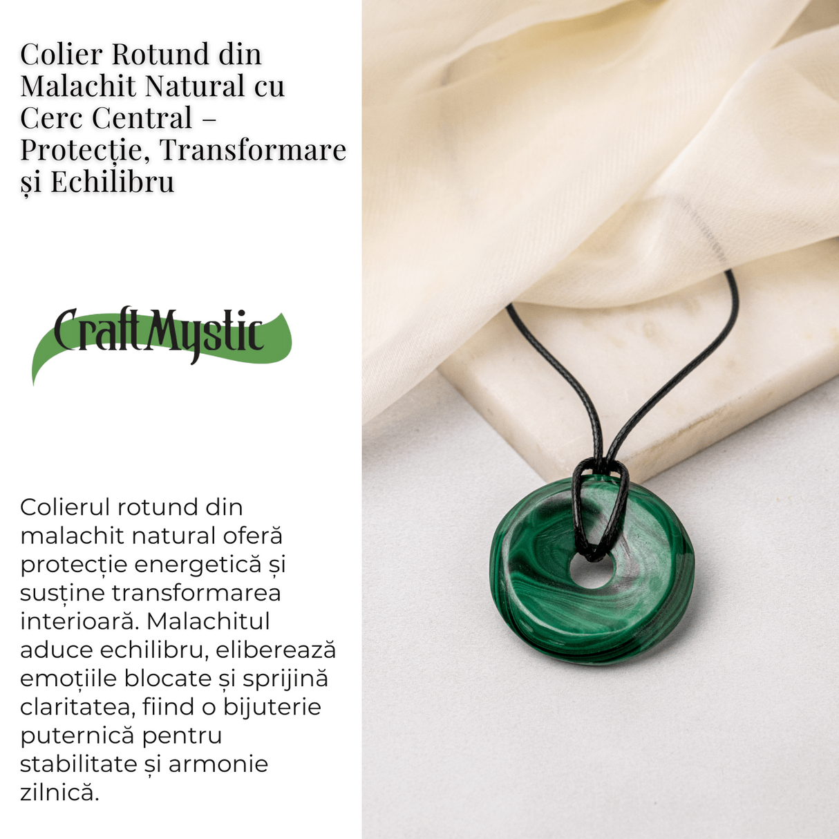 Colier Malachit Natural Pi pe Snur Reglabil - Transformare, Protectie si Echilibru Interior