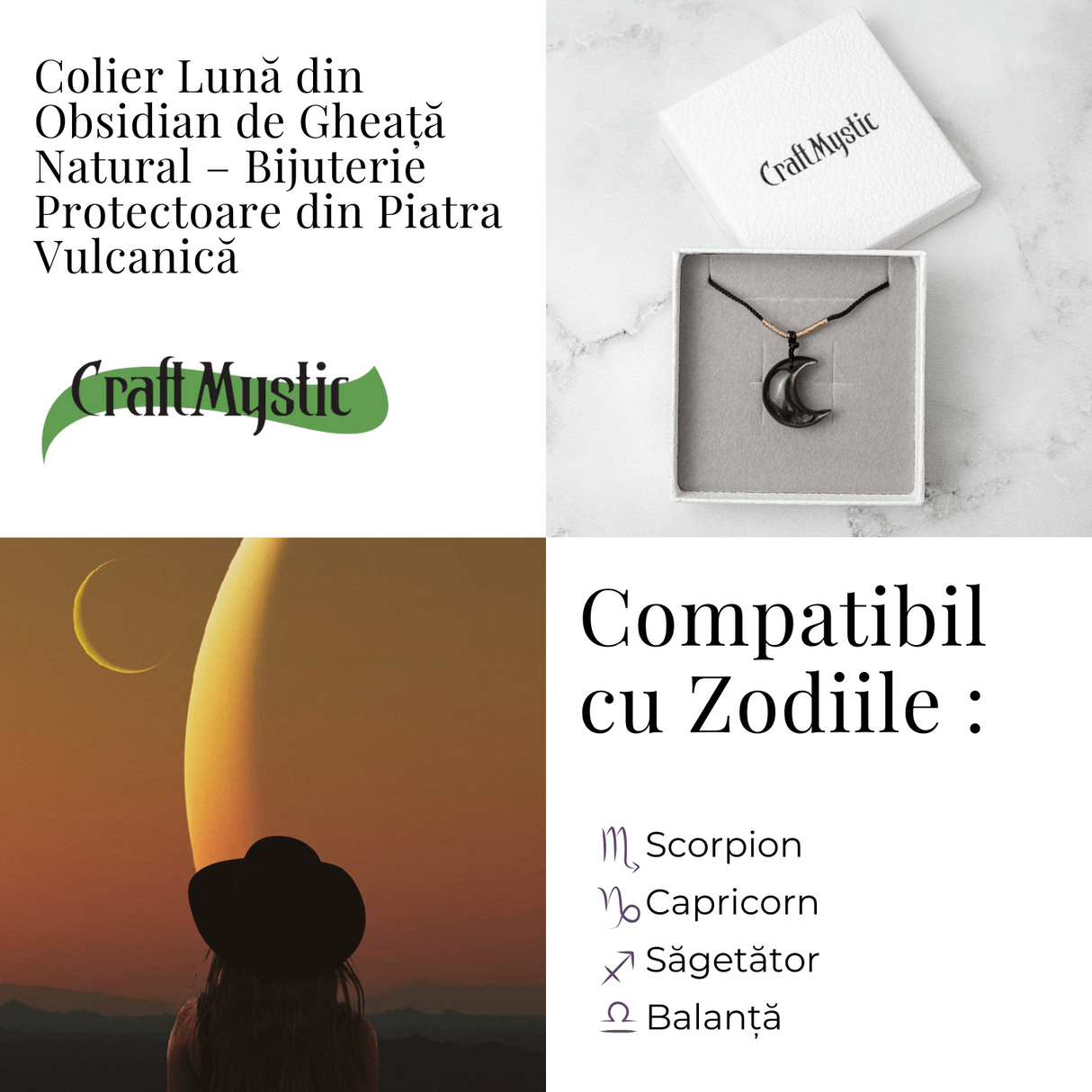 Protectie si Claritate - Colier Luna din Obsidian de Gheata Natural