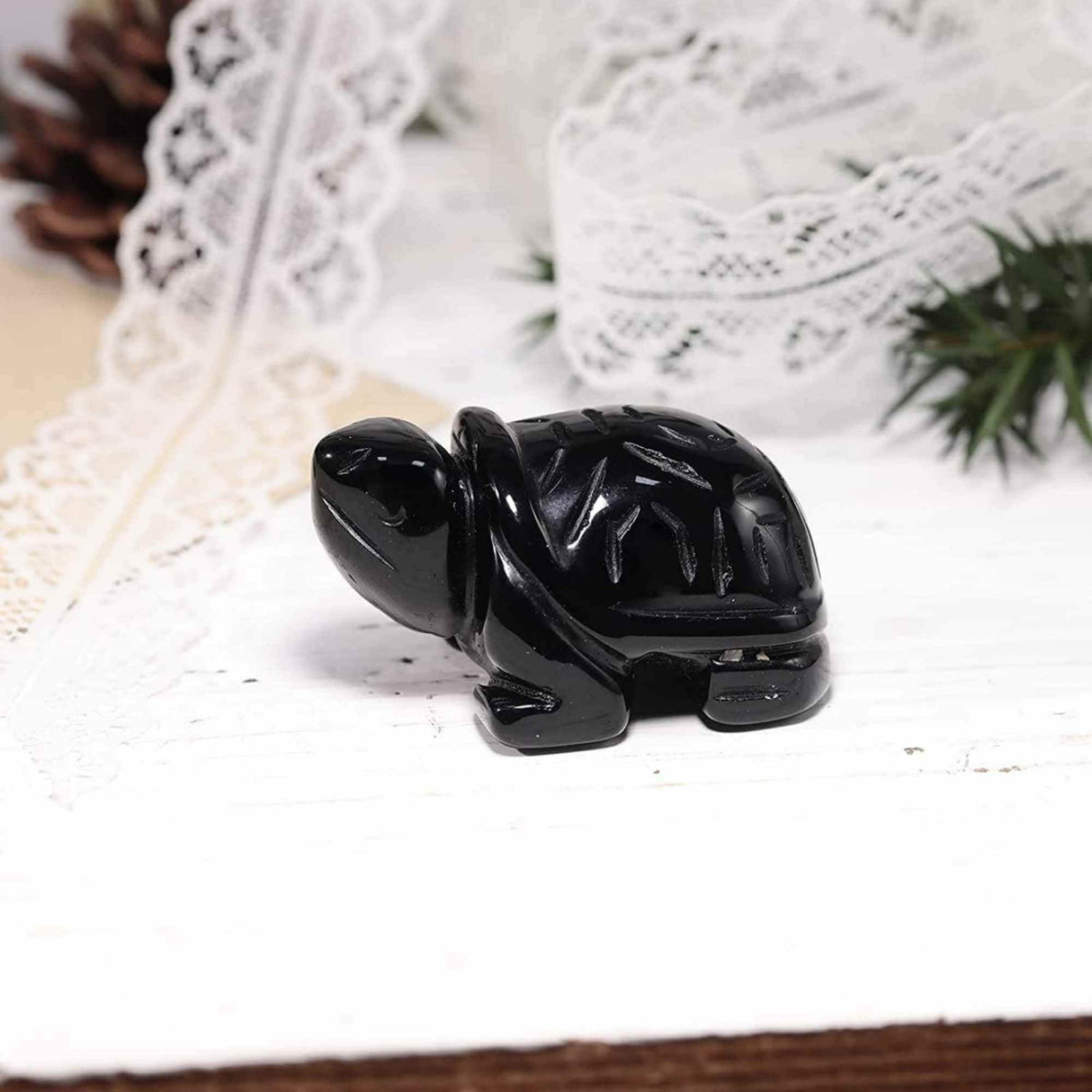 Figurina broasca testoasa 4 cm de cristal semipretios Obsidian - Sculptura din piatra vindecatoare reiki de buzunar pentru decor, colectie