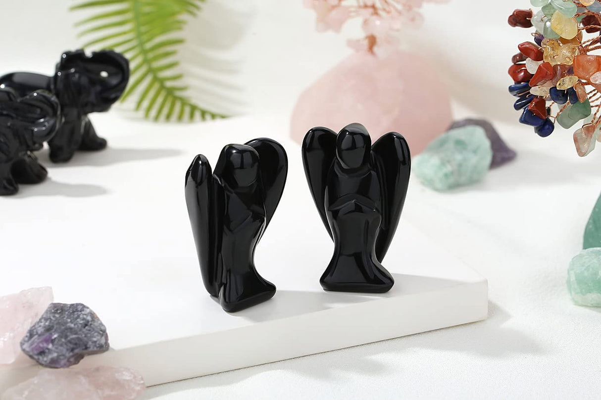 Figurina 5 cm inger din cristal vindecator Obsidian - Sculptura manuala din piatra naturala lustruita - Decor pentru camera birou cu energie reiki pentru femei barbati
