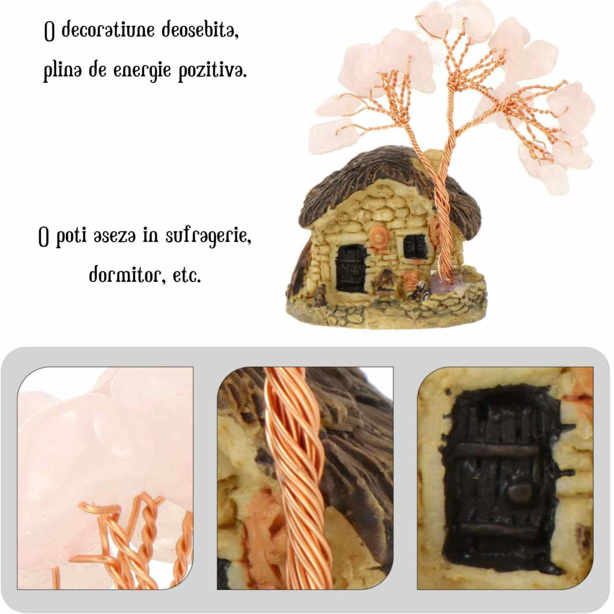 Figurina casuta cu ramuri din cristale naturale Cuart Roz - Decoratiune interior sau exterior, pentru casa, birou, acvariu
