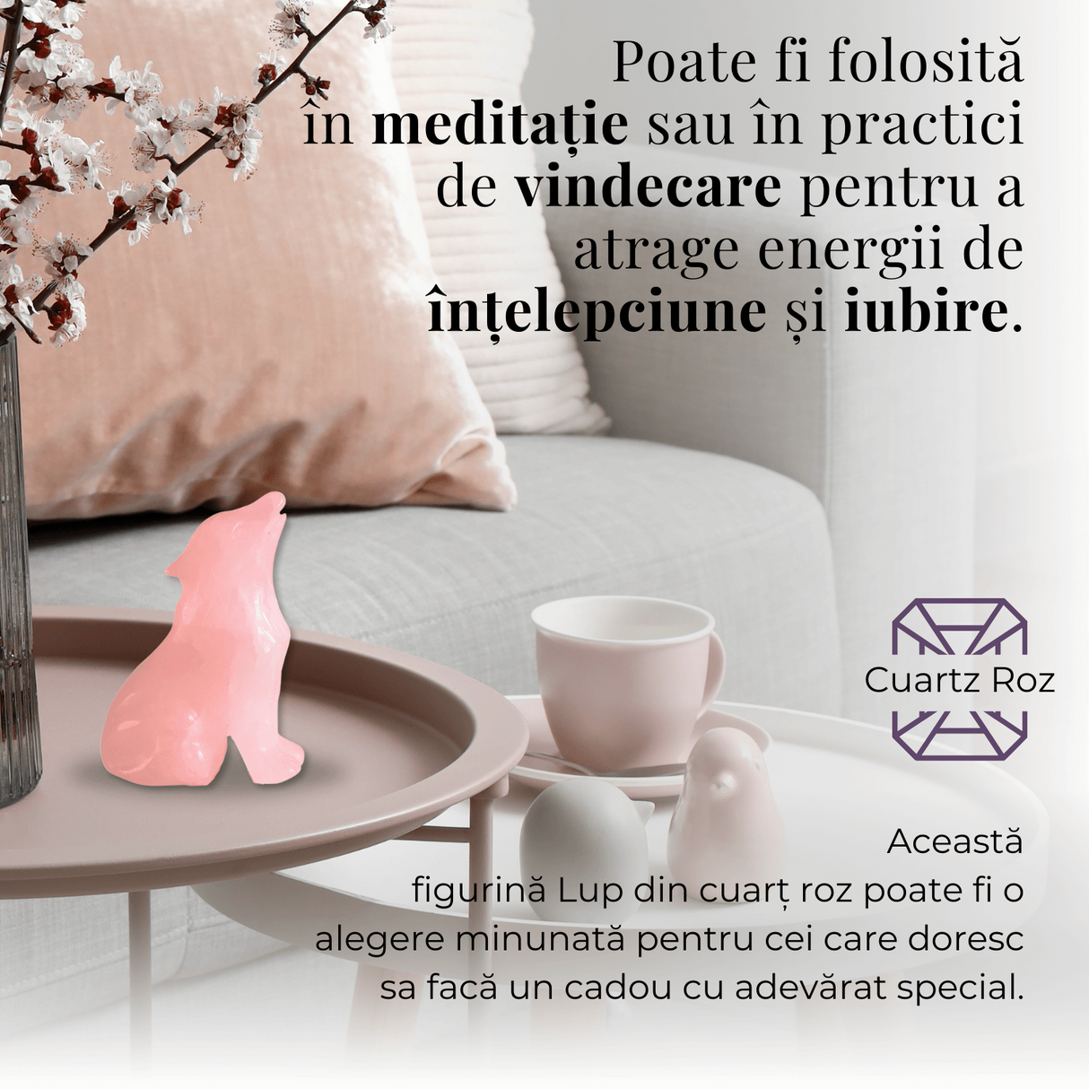 Figurina Lup din Cuart Roz Natural, 5 cm - Favorizeaza Echilibrul Emoțional si Armonia