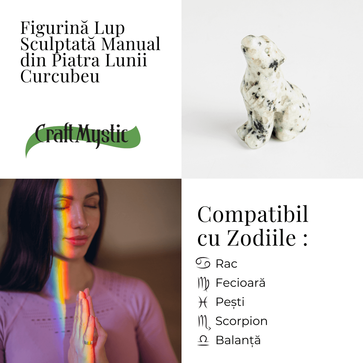 Figurina Lup din Piatra Lunii Curcubeu - Energie si Protecte Spirituala