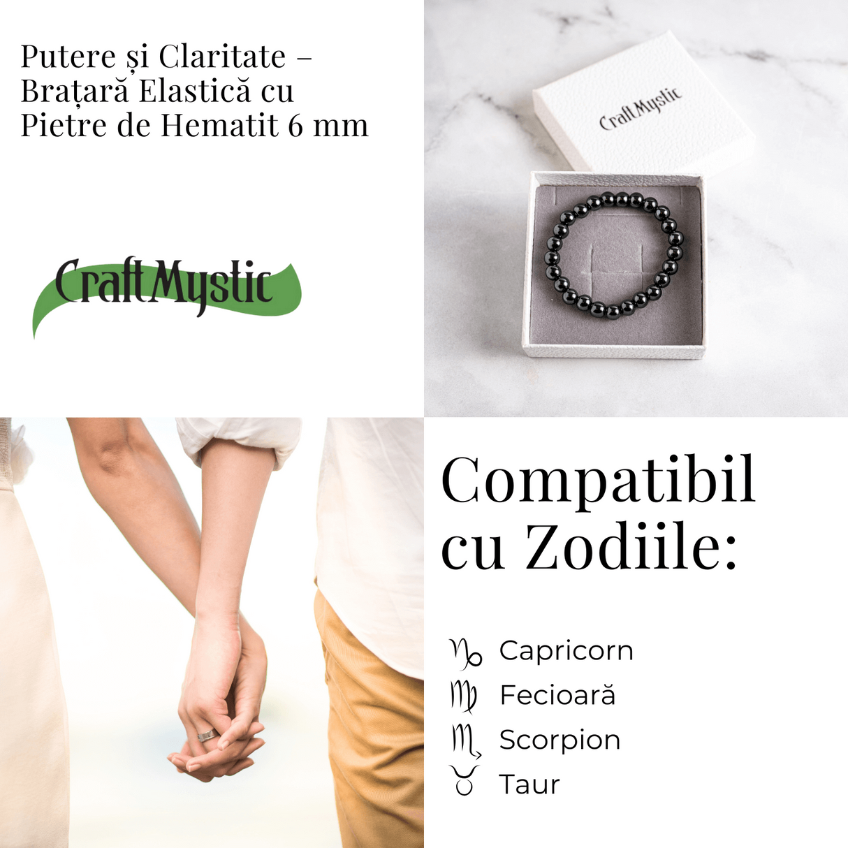 Putere si claritate - Bratara elastica cu pietre de hematit 6 mm