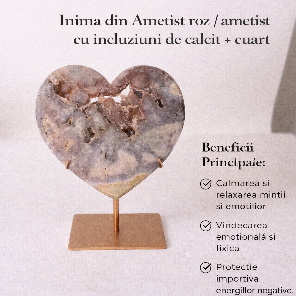 Inima din ametist roz cu incluziuni de calcit si cuart - sculptata manual in Brazilia 1kg