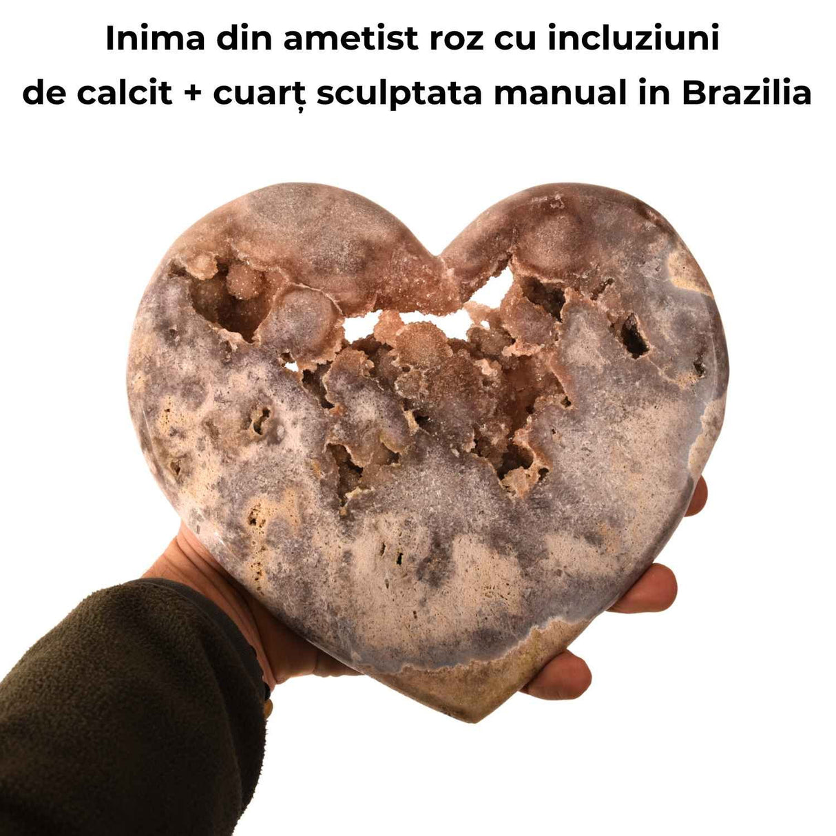 Inima din ametist roz cu incluziuni de calcit si cuart - sculptata manual in Brazilia 1kg