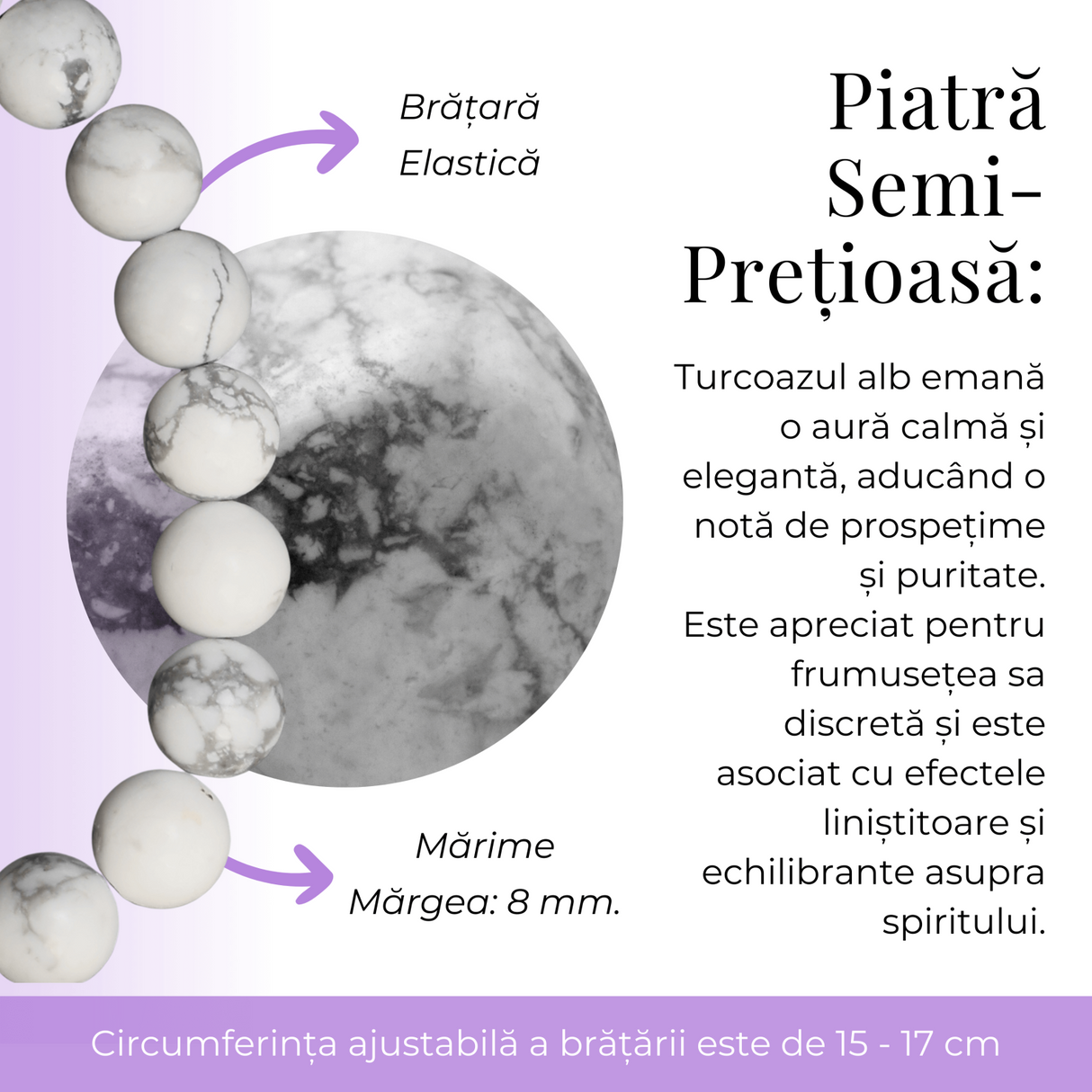 Bratara Elastica cu Margele Naturale de 8mm din Howlita