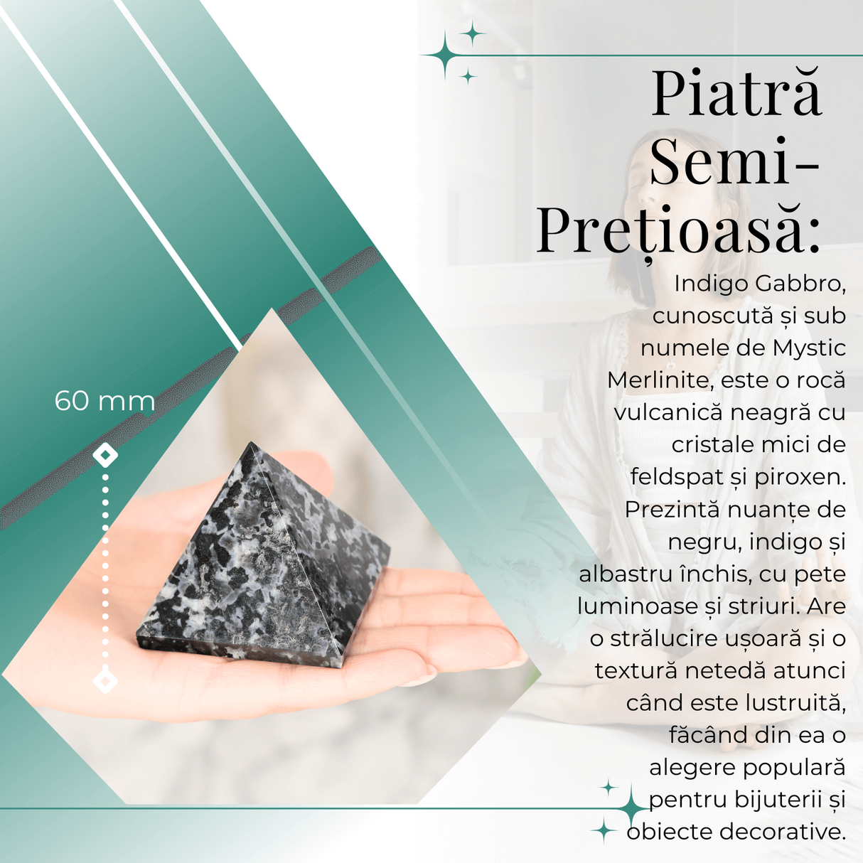 Piramida Sculptata Manual 60mm din Piatra Merlinit Mistic sau Indigo Gabbro Natural