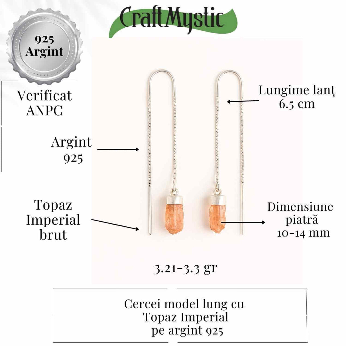 Cercei lungi din argint 925 cu topaz imperial natural - Eleganta si energie pozitiva