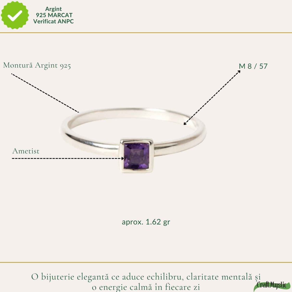 Inel Argint 925 cu Ametist Natural Patrat Fatetat – Claritate si Echilibru Interior