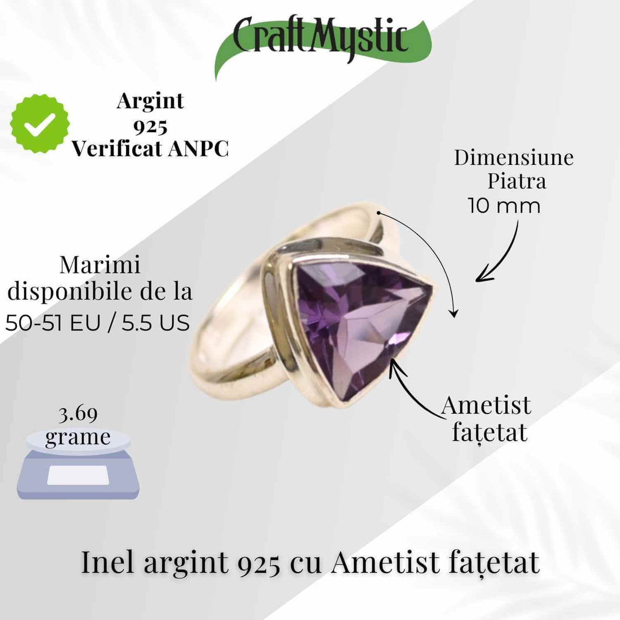 Inel Argint 925 cu Ametist Fatetat Triunghi - Protectie si Claritate Spirituala