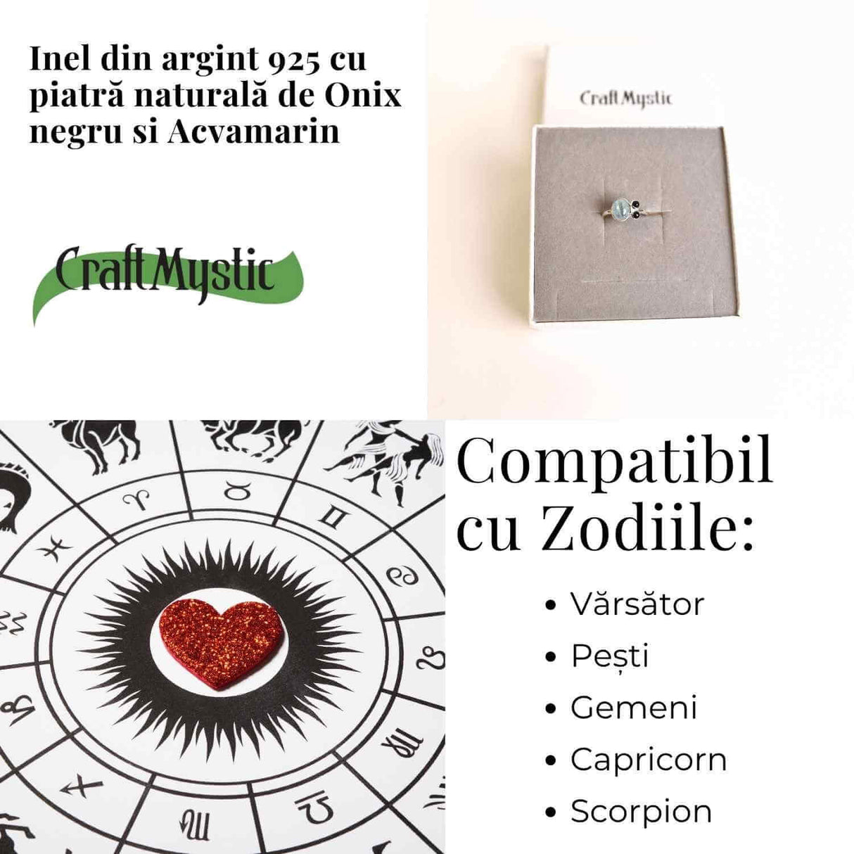 Inel argint 925 cu Acvamarin si Onix Negru - Claritate si Protectie