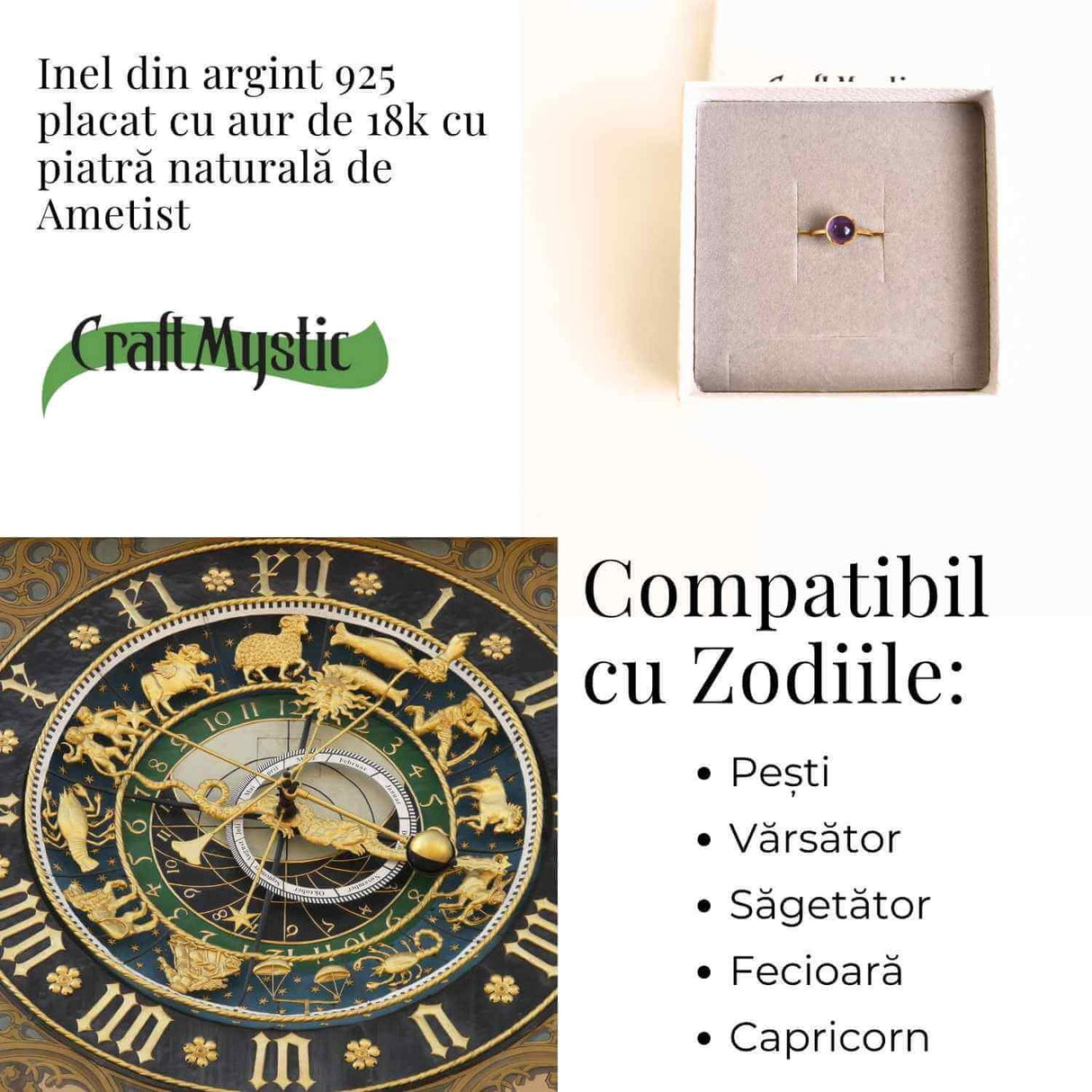 Inel Argint 925 placat cu aur 18K cu Ametist Rotund - Armonie si Claritate Spirituala