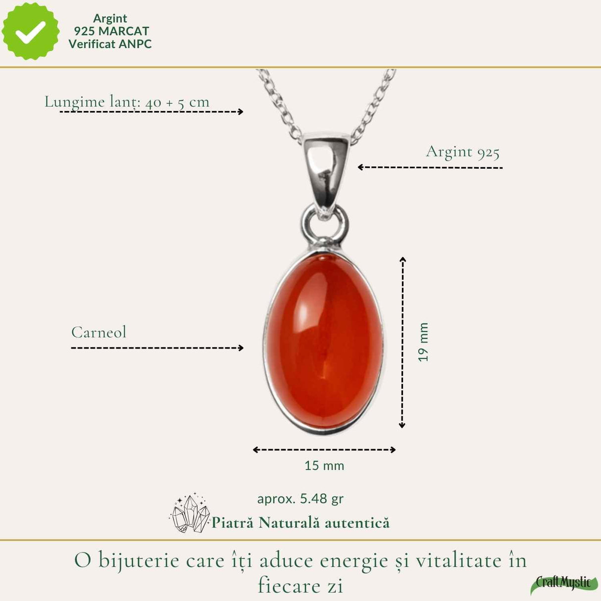 Colier argint 925 cu Carneol oval – energie si incredere feminina