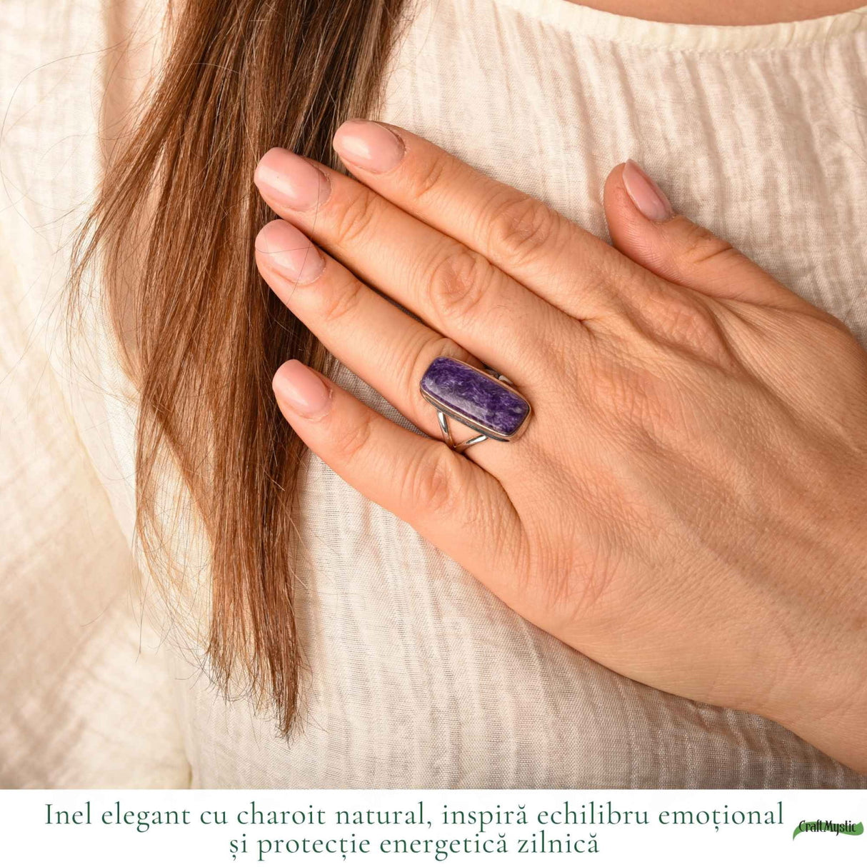 Inel Argint 925 cu Charoit Dreptunghi – Claritate Spirituala si Echilibru Interior