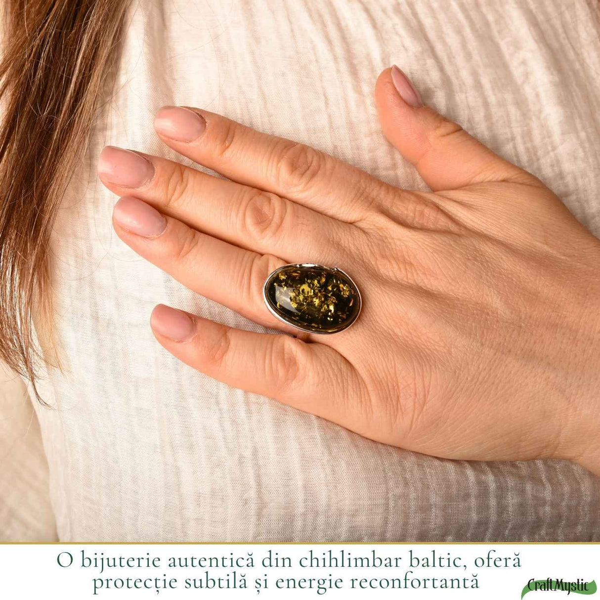 Inel Argint 925 cu Chihlimbar Verde Oval – Echilibru si Eleganta Naturala