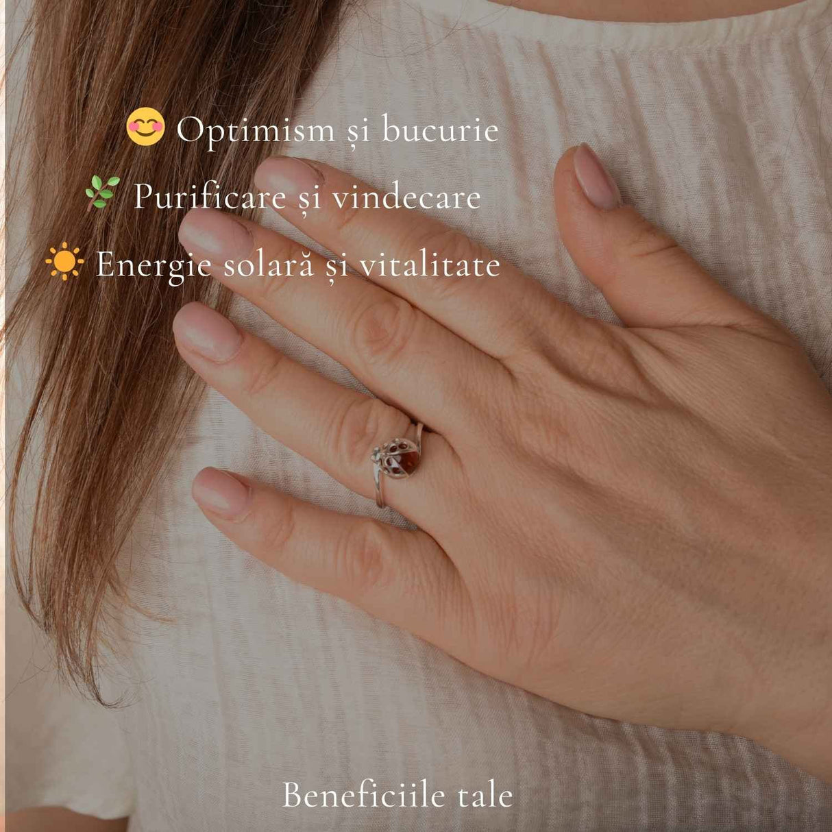 Inel Argint 925 cu Chihlimbar Coniac si Buburuza – Energie Calda si Noroc