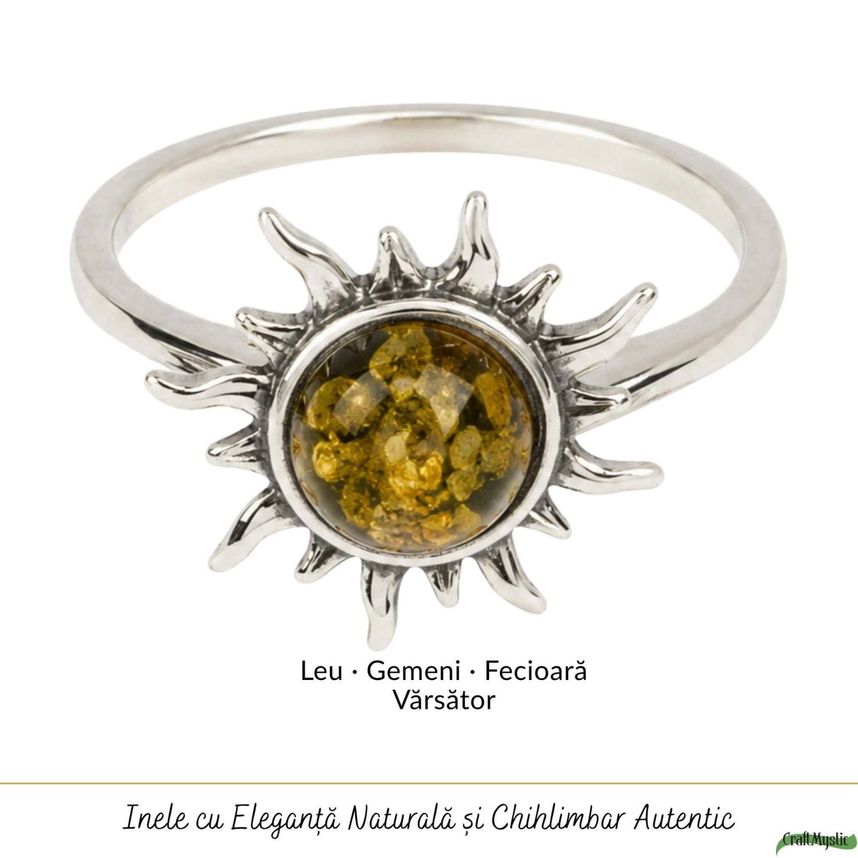 Inel Argint 925 cu Chihlimbar Verde si Soare – Energie Luminoasa si Echilibru