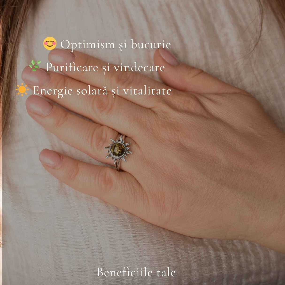 Inel Argint 925 cu Chihlimbar Verde si Soare – Energie Luminoasa si Echilibru