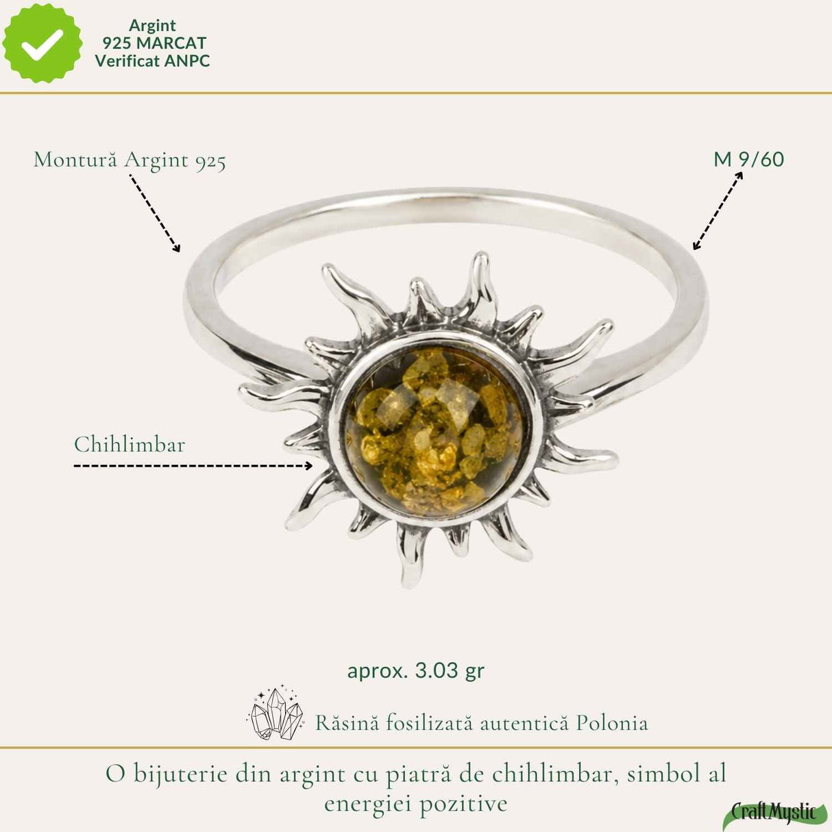 Inel Argint 925 cu Chihlimbar Verde si Soare – Energie Luminoasa si Echilibru