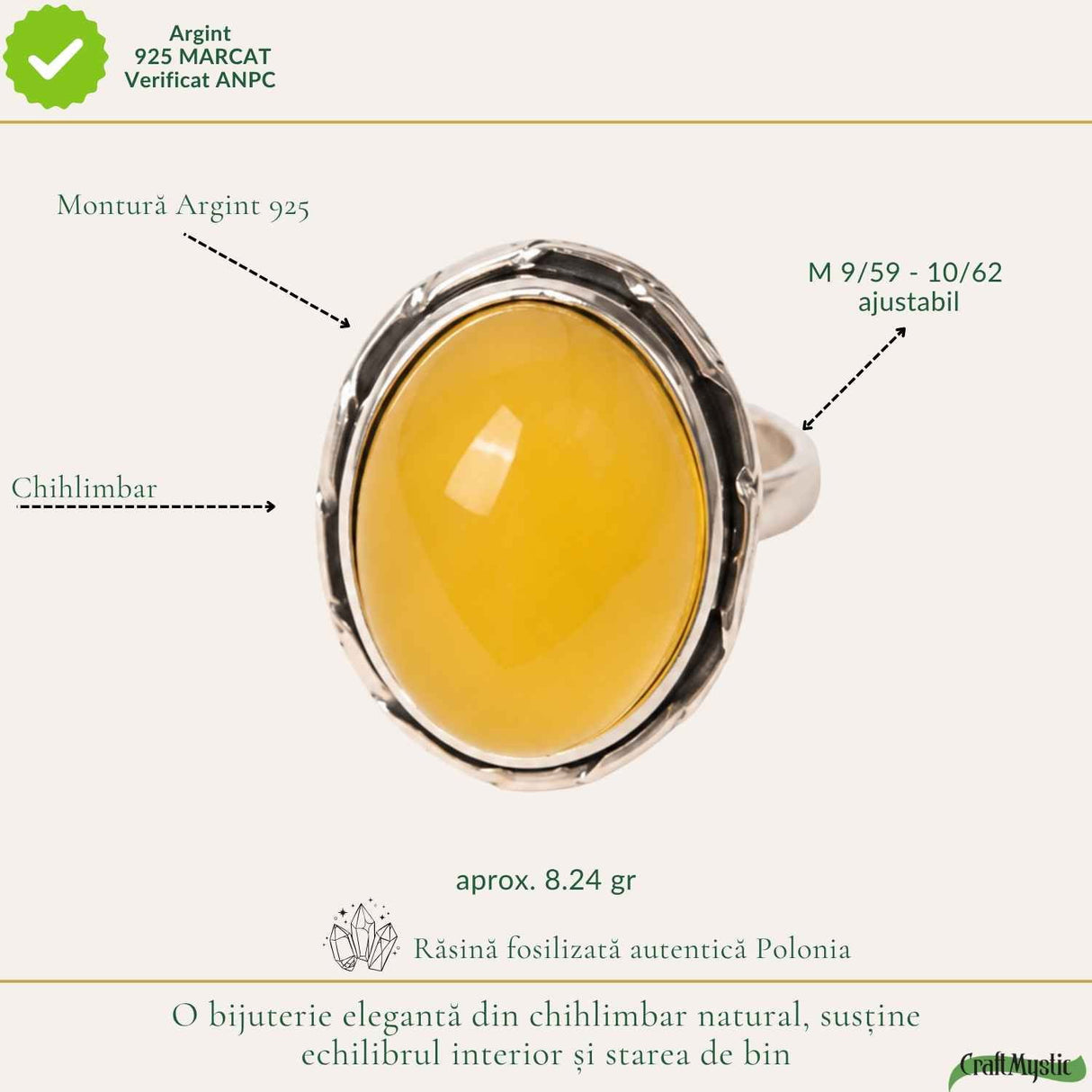 Inel Argint 925 cu Chihlimbar Galben Oval – Caldura si Eleganta Naturala