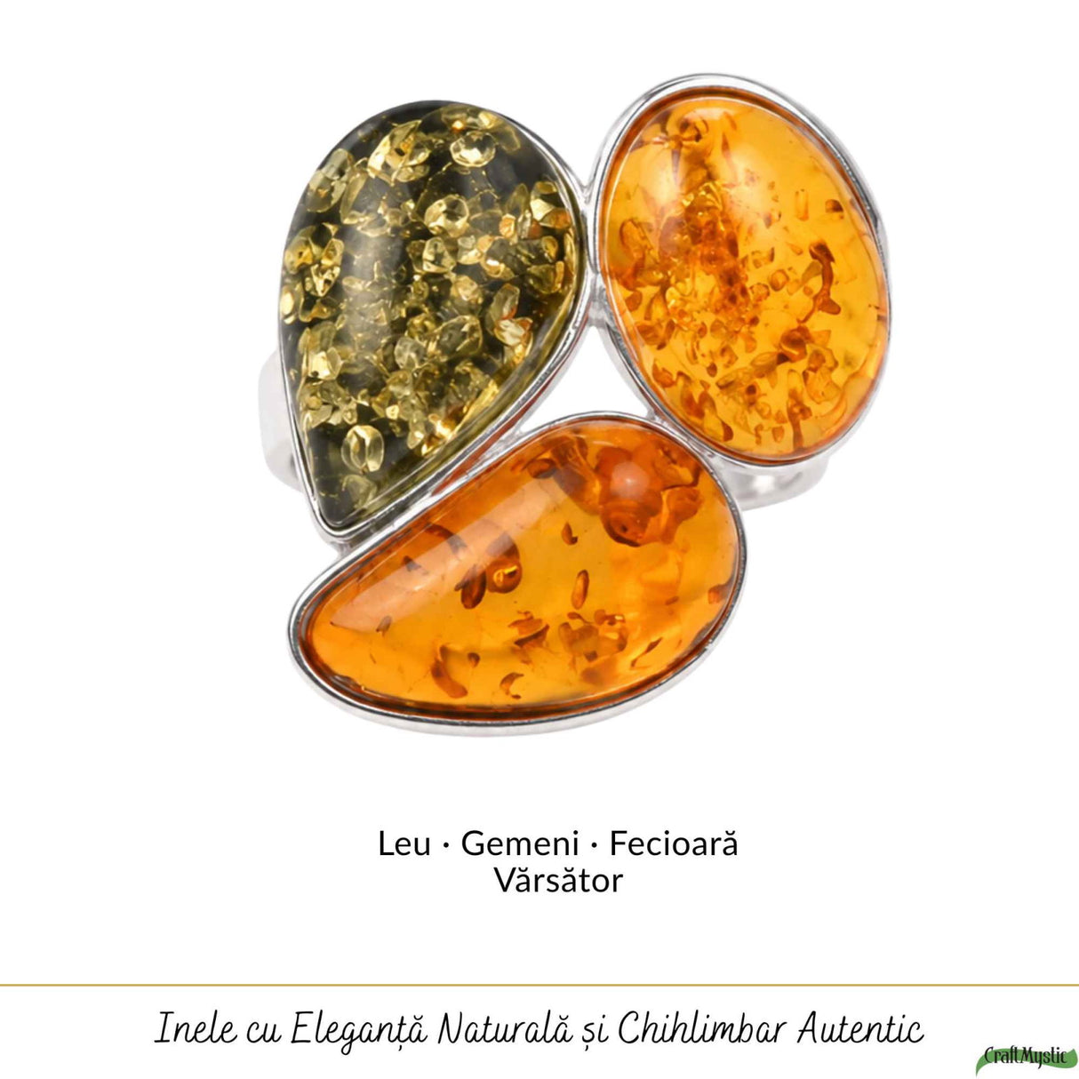 Inel Argint 925 cu Chihlimbar Coniac si Verde Floare – Caldura si Feminitate Naturala
