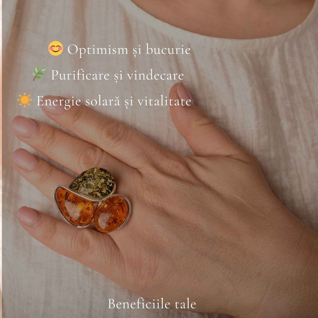 Inel Argint 925 cu Chihlimbar Coniac si Verde Floare – Caldura si Feminitate Naturala