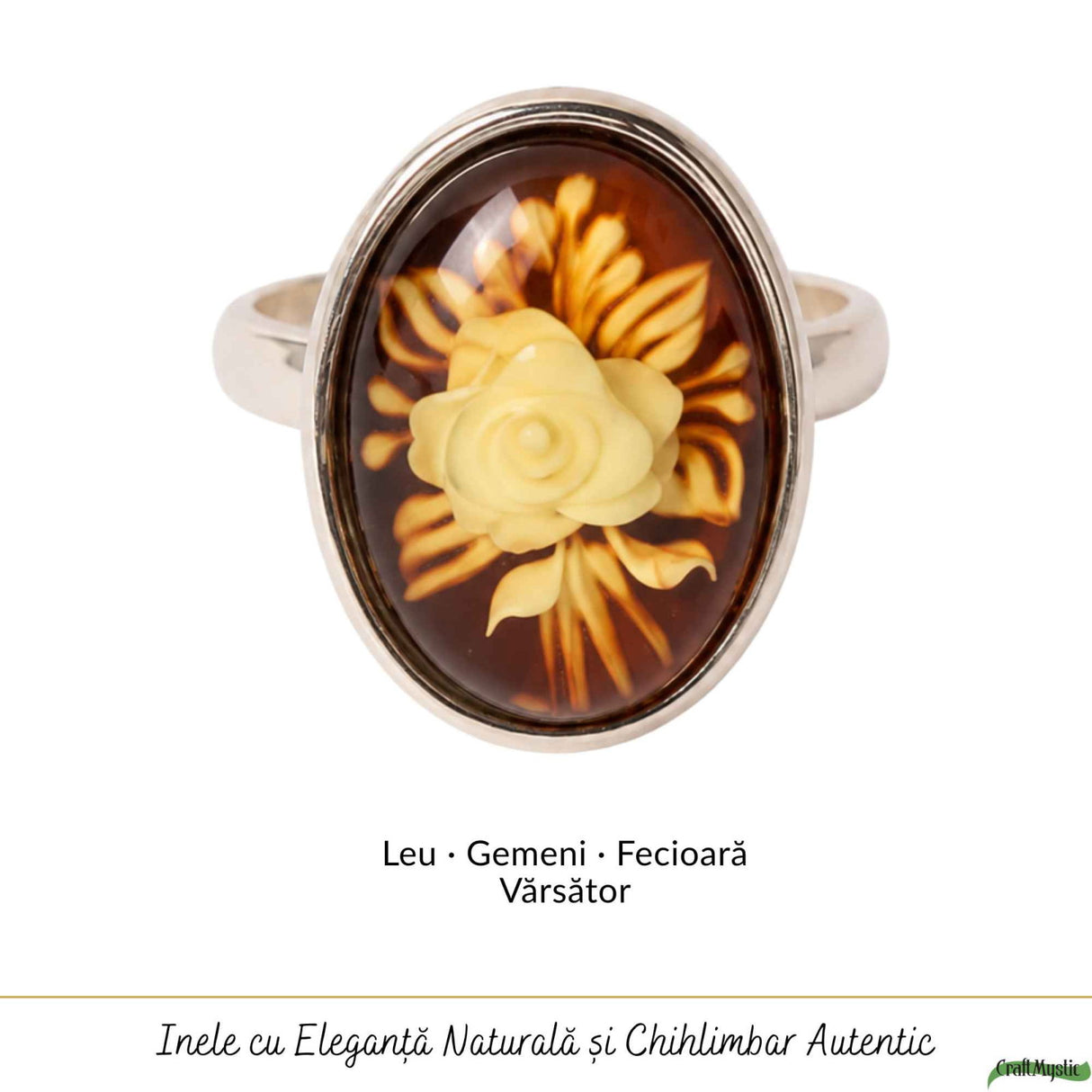 Inel Argint 925 cu Chihlimbar Verde Oval si Trandafir sculptat– Eleganta si Energie Naturala