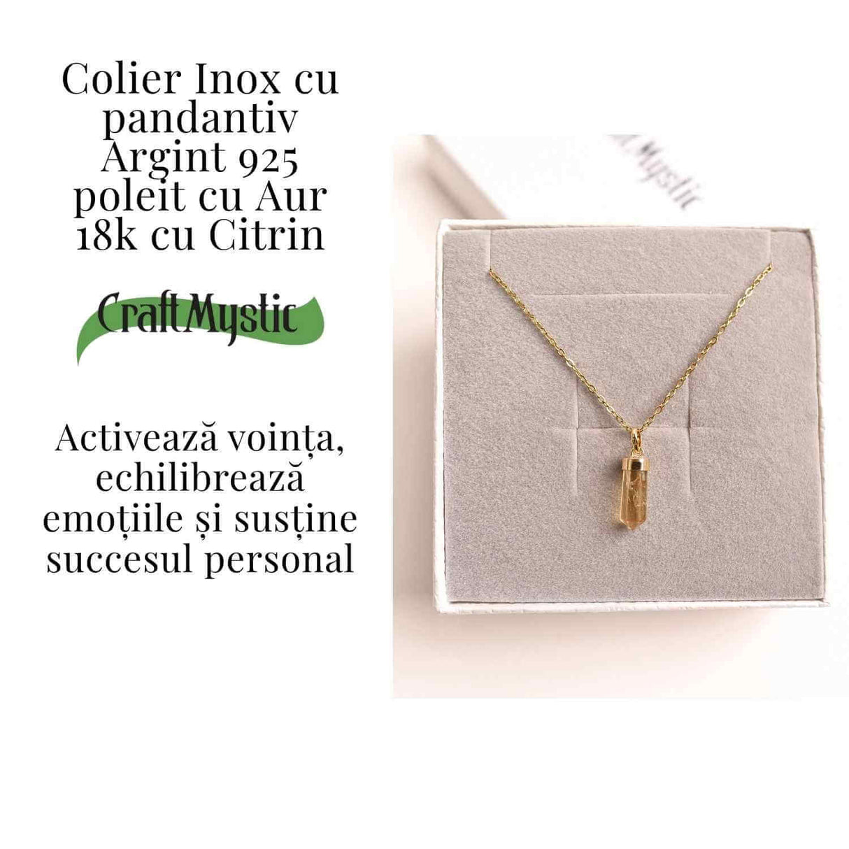 Colier Citrin Turnulet montura argint 925 placat cu aur de 18k si lant inox - Claritate Mentala si Energie Pozitiva