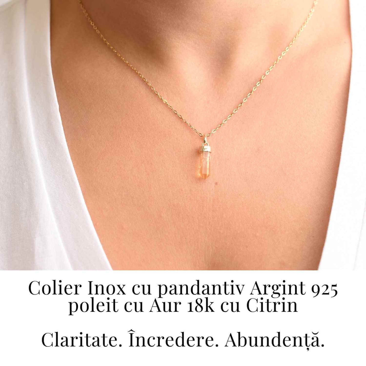 Colier Citrin Turnulet montura argint 925 placat cu aur de 18k si lant inox - Claritate Mentala si Energie Pozitiva