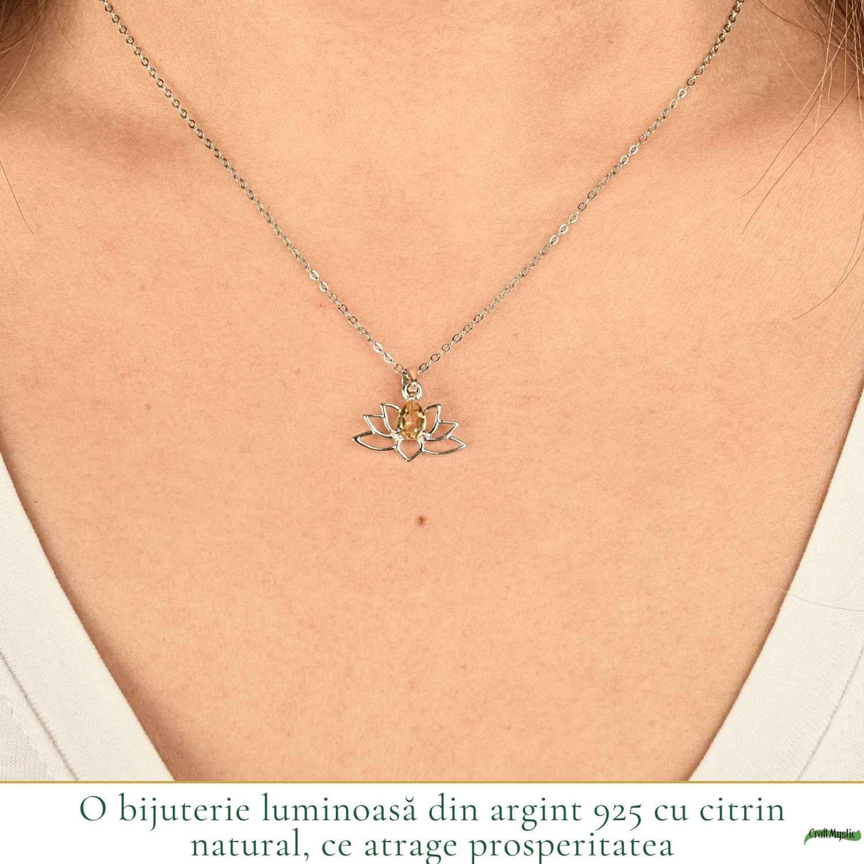 Colier citrin natural lotus argint 925 – energie, optimism si echilibru