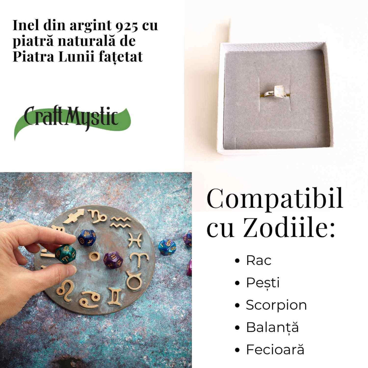 Inel Argint 925 cu Piatra Lunii Fatetata Patrata - Echilibru Emotional si Lumina Interioara