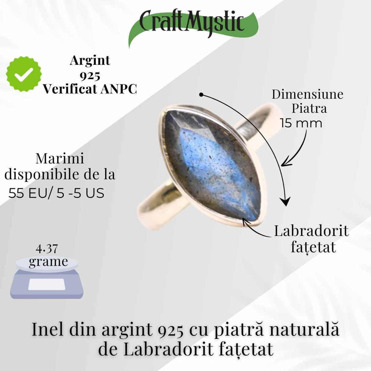 Inel Argint 925 cu Labradorit fatetat forma delica- Intuitie si Protectie