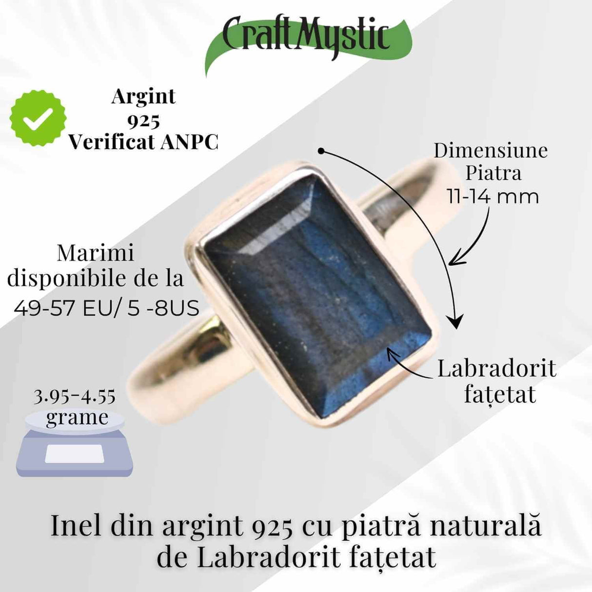 Inel Argint 925 cu Labradorit fatetat forma Dreptunghi - Claritate si Protectie