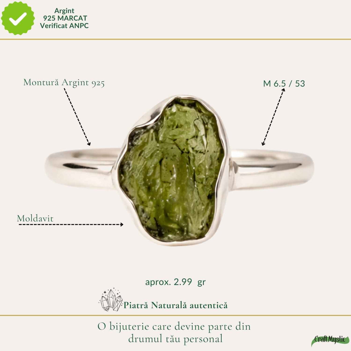 Inel Argint 925 cu Moldavit Natural Brut, M6.5/53 – Activare Chakre si Vindecare Energetica
