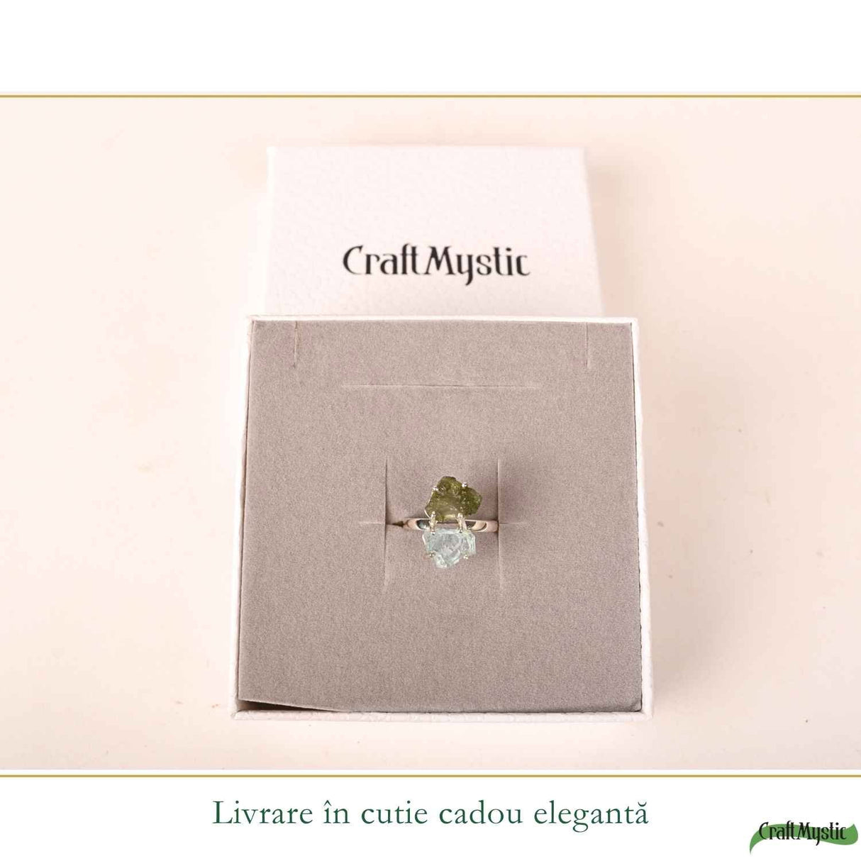 Inel argint 925 cu Moldavit si Acvamarin neuniform, M8/56.5 – transformare si claritate
