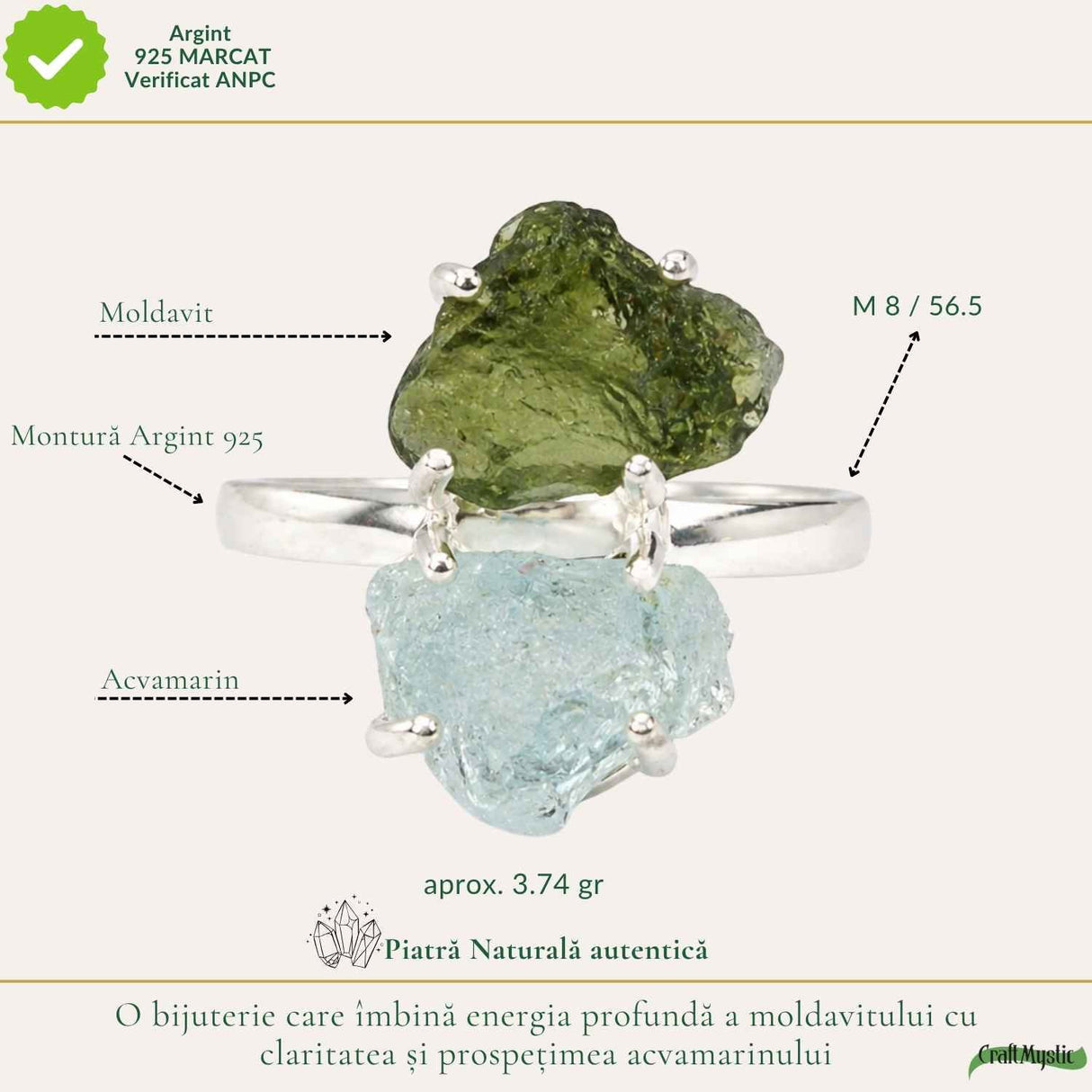 Inel argint 925 cu Moldavit si Acvamarin neuniform, M8/56.5 – transformare si claritate
