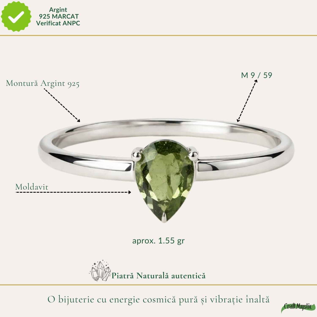 Inel Argint 925 cu Moldavit Fatetat Lacrima – Claritate si Transformare