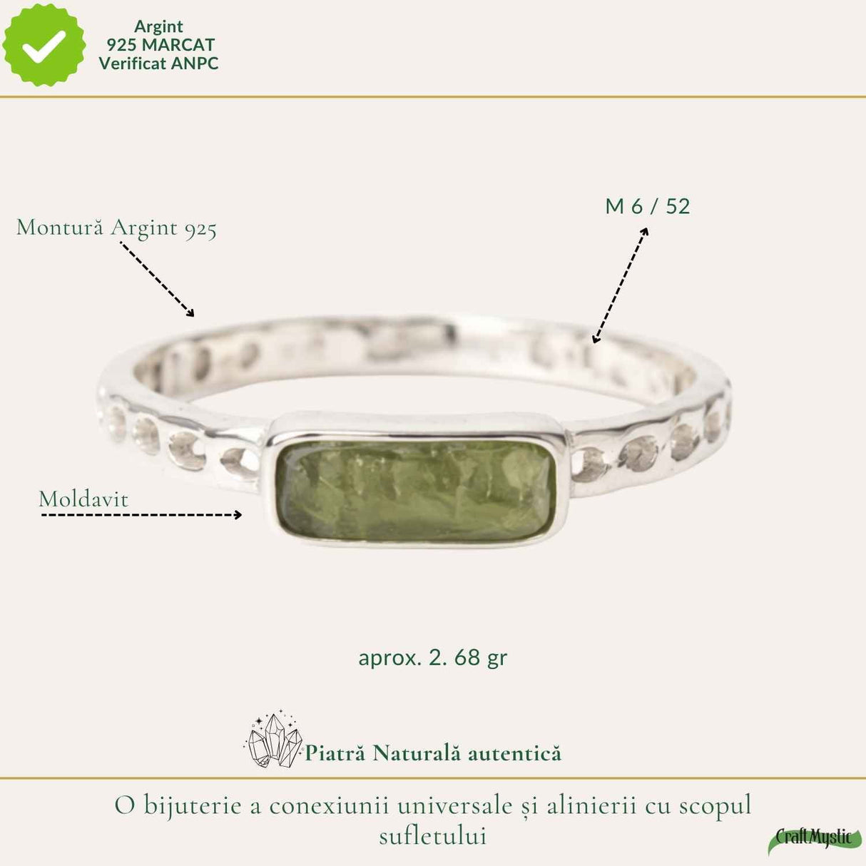 Inel Argint 925 cu Moldavit Brut Dreptunghiular – Claritate si Transformare