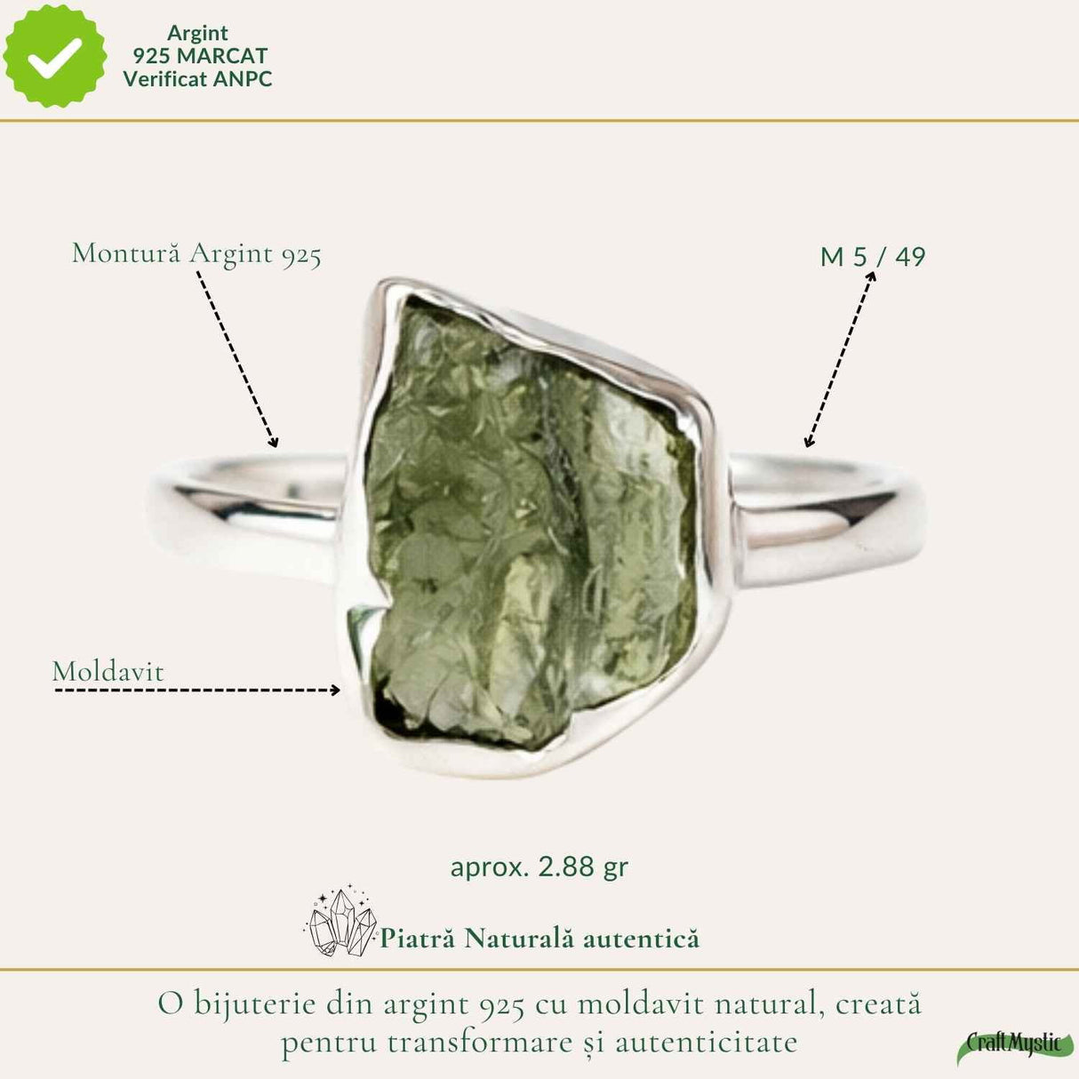 Inel Argint 925 cu Moldavit Natural, M5/49 – Energie Cosmica si Transformare Spirituala