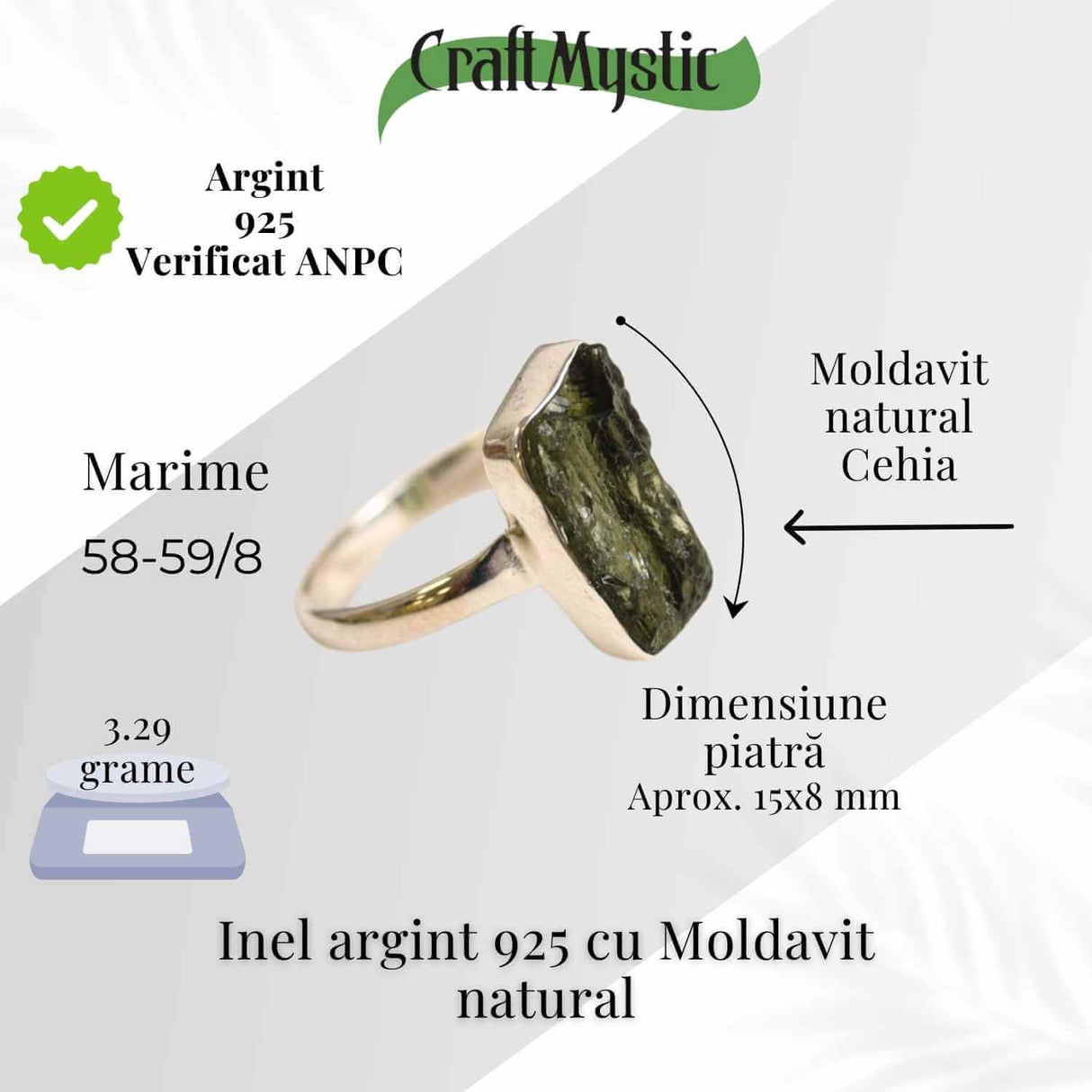 Inel argint 925 cu Moldavit natural brut Marime 54-55/7- Bijuterie rara, energie cosmica