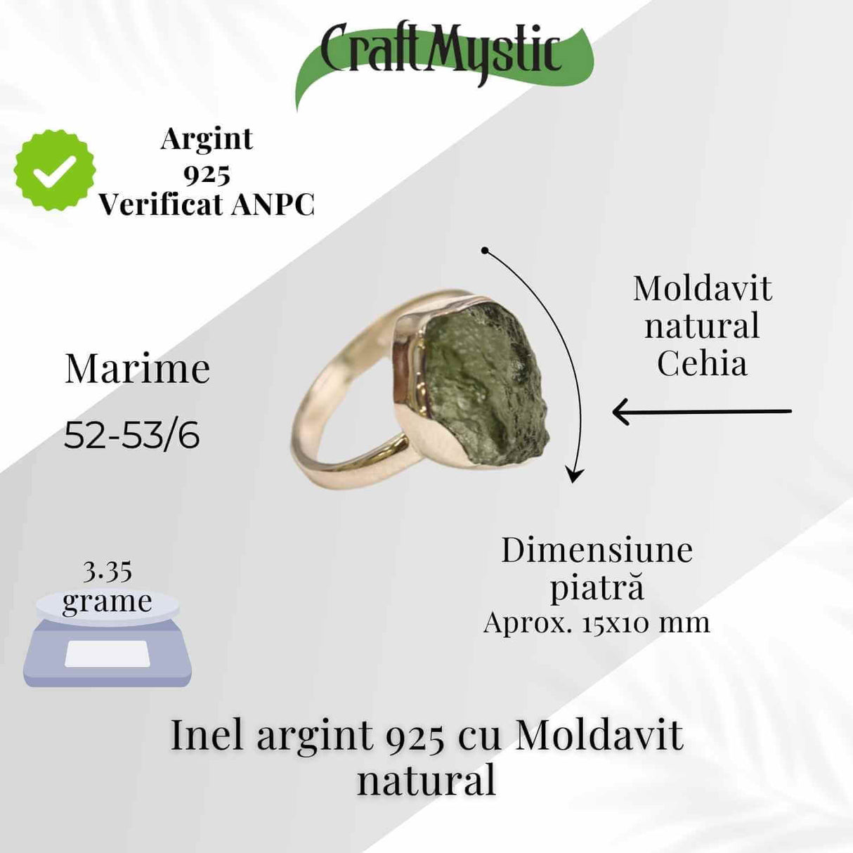Inel argint 925 cu Moldavit natural brut Marime M52-53/6 - Piatra transformarii spirituale
