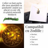 Colier cu lant de inox aurit si pandantiv montura argint 925, placat cu aur 18 k si Moldavit natural, 2.55 gr - Protectie si transformare