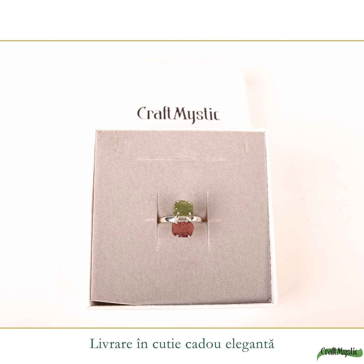 Inel argint 925 cu Moldavit si Granat neuniform, M8.5/58 – curaj si transformare