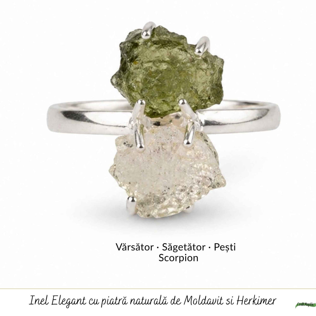 Inel argint 925 cu Moldavit si Herkimer, M7/54 – claritate si transformare profunda