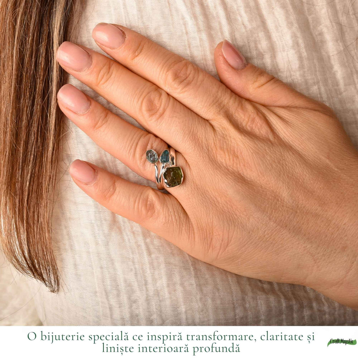 Inel Argint 925 cu Moldavit, Apatit si Acvamarin – Claritate si Energie Pozitiva
