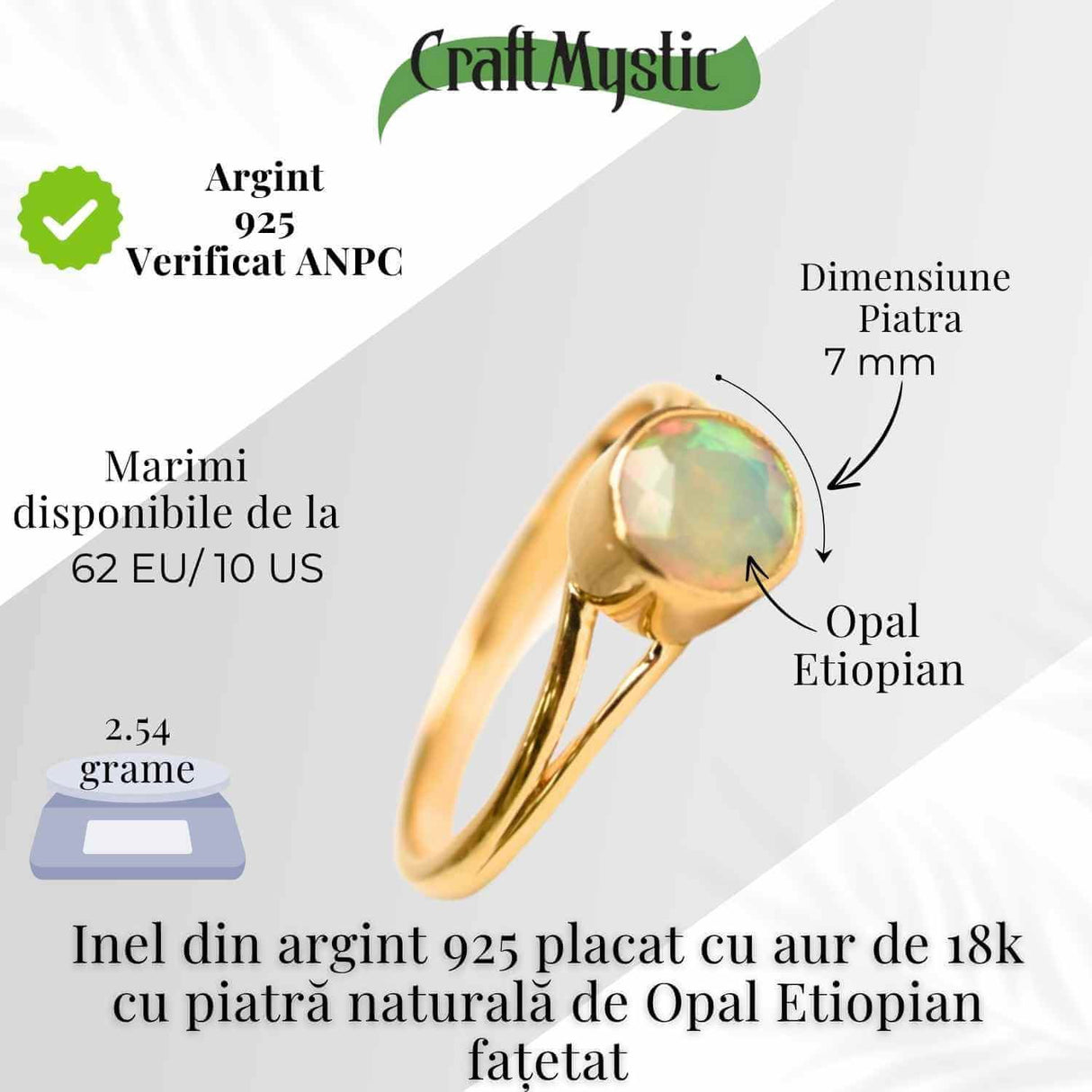 Inel Argint 925 placat cu aur 18K cu Opal Etiopian fatetat - Lumină și Magie Interioară