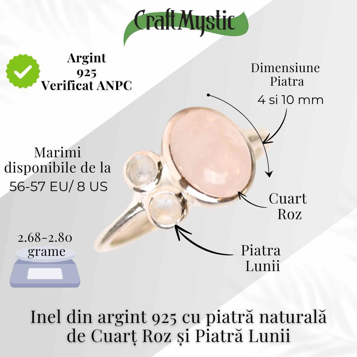 Inel argint 925 cu Cuart Roz si Piatra Lunii - Armonie si Iubire Divina