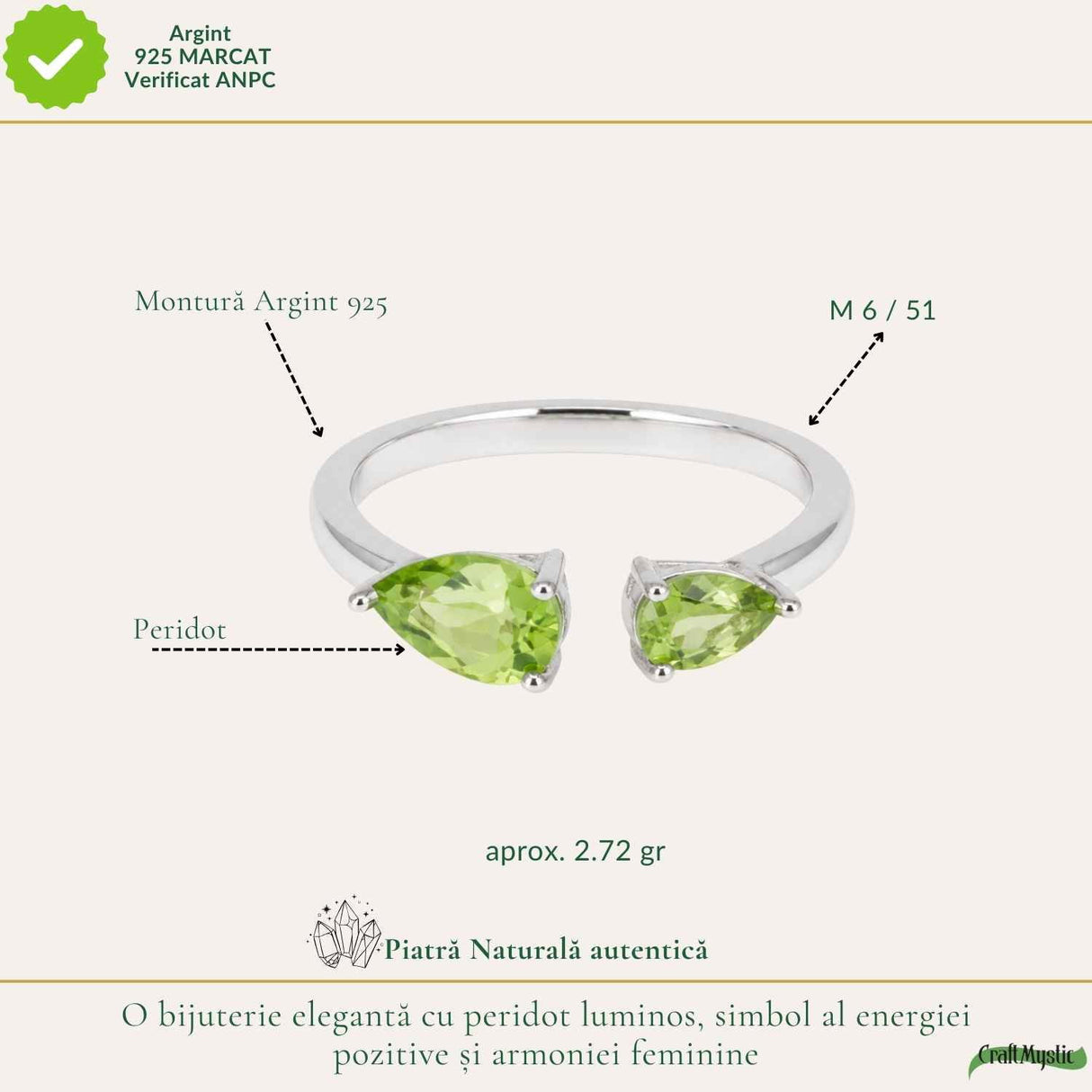 Inel Argint 925 cu Peridot Fatetat Lacrima – Echilibru si Feminitate Naturala