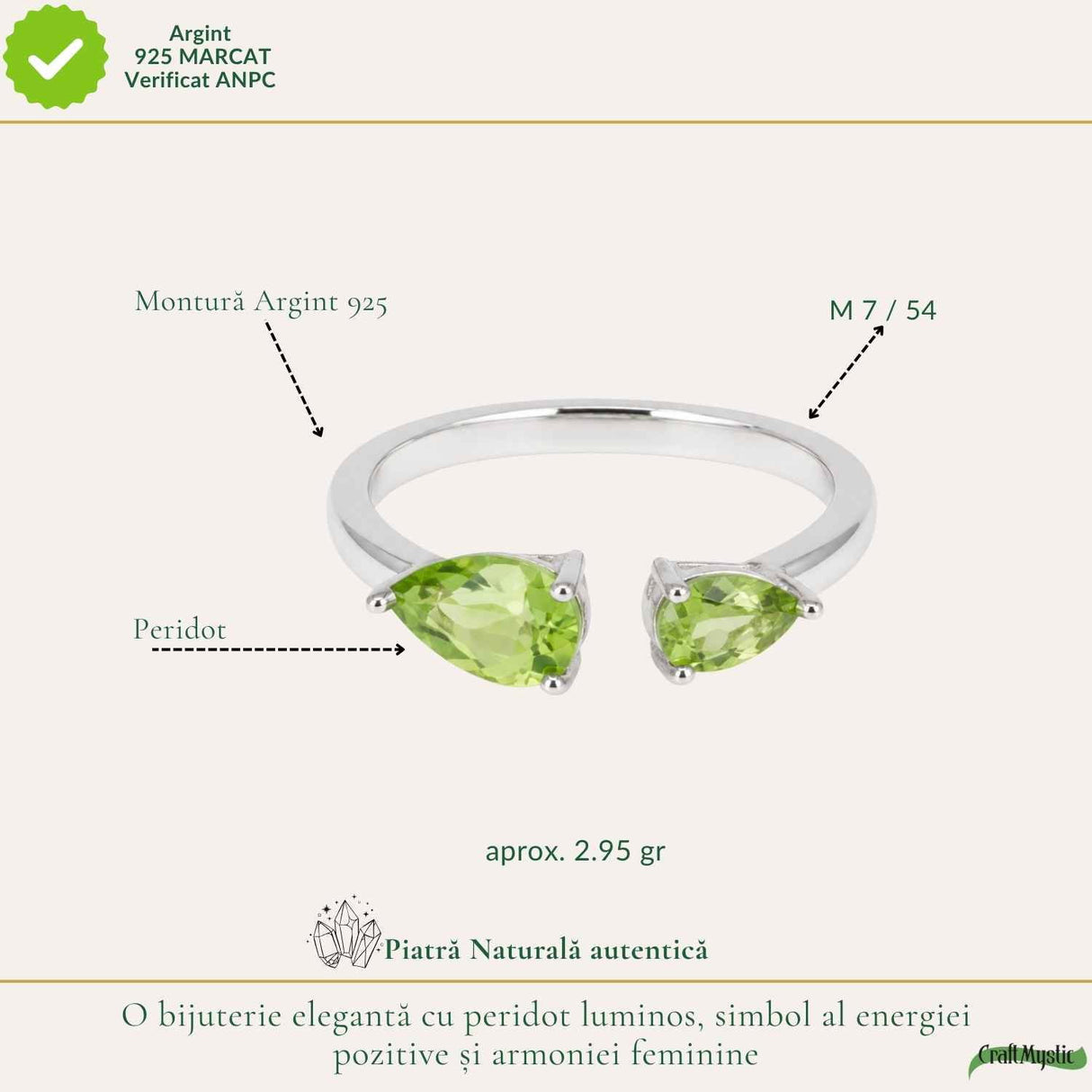 Inel Argint 925 cu Peridot Fatetat Lacrima – Echilibru si Feminitate Naturala